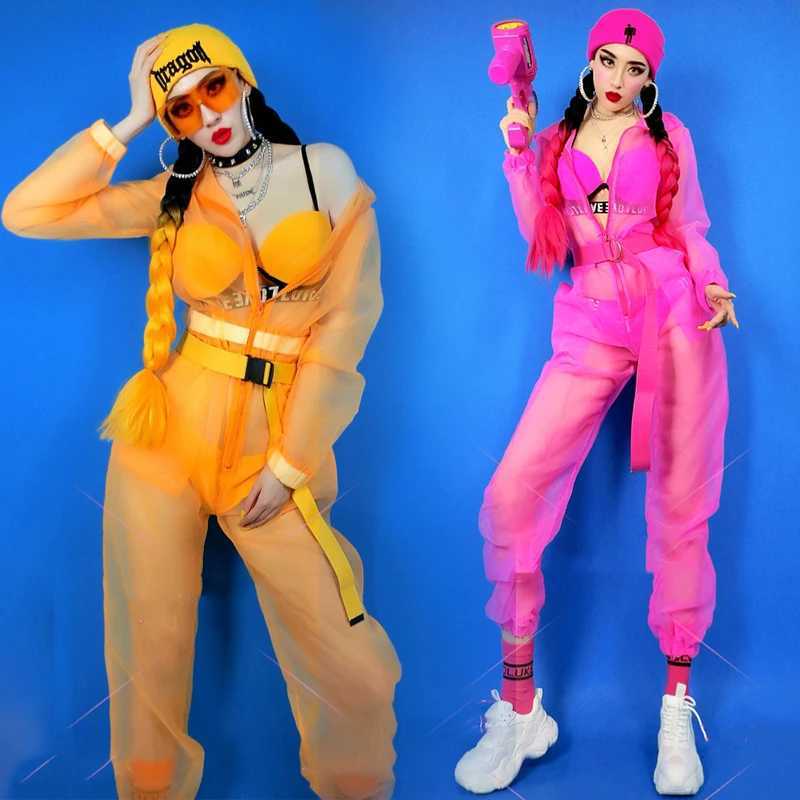 Women's Swimwear Hip Hop Performance Come Female Nightclub Bar Dj Bikini Fluorescent S-Through Hoodie Jazz Dance Dress DNV13591 H241130