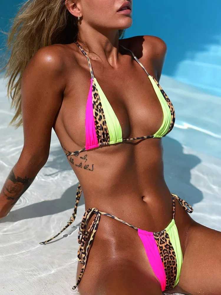 Women's Swimwear Zebra Print Strap Micro Bikini 2024 Womens Bandeau String Swimsuit Womens Swimsuit Neon Light Shining Bikini Set Leopard Pattern