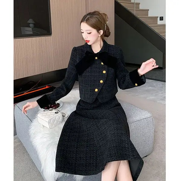 Spring Korean Style Bow Short Coat Women Clothing Aline Midi Skirt Set High End Commuting Black Two Piece Outfits 241129