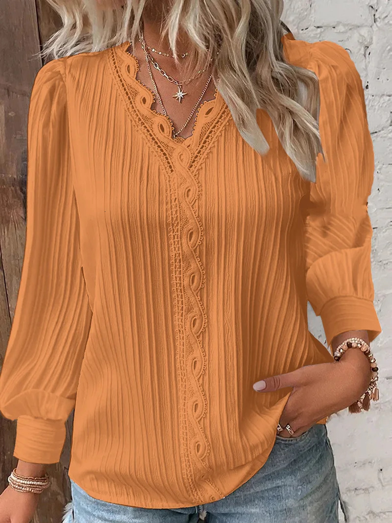 Elegant Summer Hollow Lace Patchwork Women Shirt Chic Blouse V Neck Long Sleeve Plain Casual Basic Regular Tops 241121