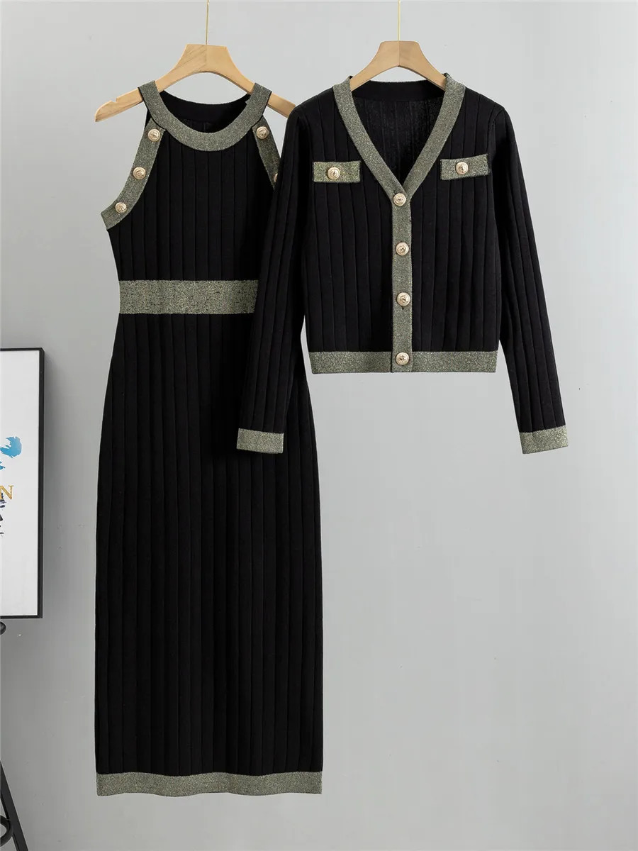 Elegant Knitted 2 Piece Set Oneck Sleeveless Knitwears Slim Dress Conjuntos Casual Long Sleeve Short Cardigan Outfit 241129