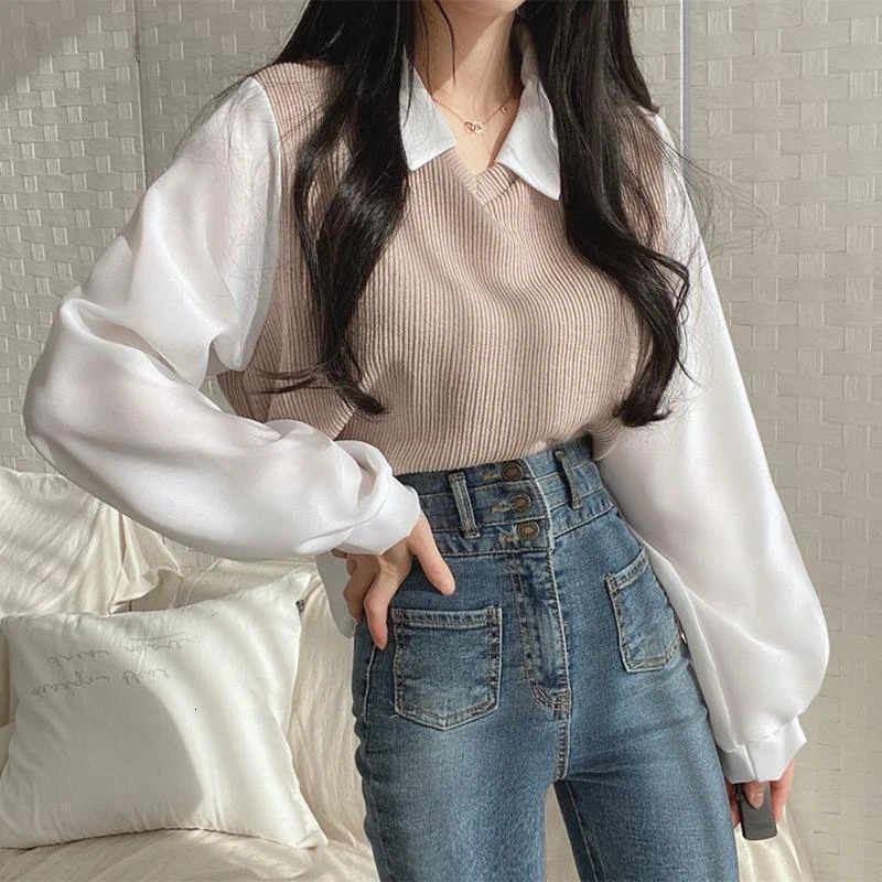 Y2k Sweet Women Shirts False Twopiece Loose Female Casual Blouse Korean Preppy Style Chic Ladies Autumn Tops 241121