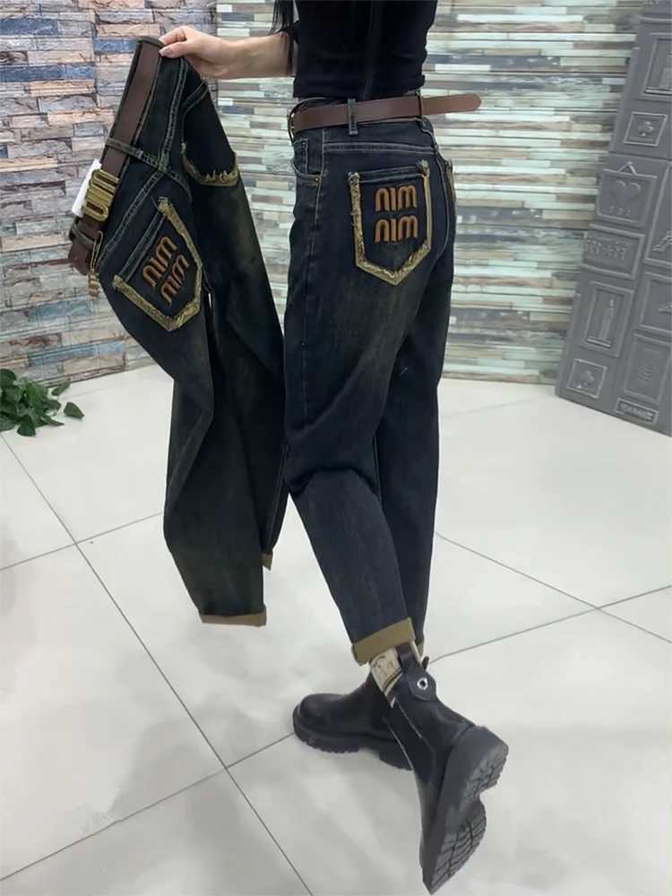 Women's Jeans Y2k womens jeans 2024 new autumn and winter plus size Harlan jeans womens velvet dad pants fat mm thin pear body pants H241130