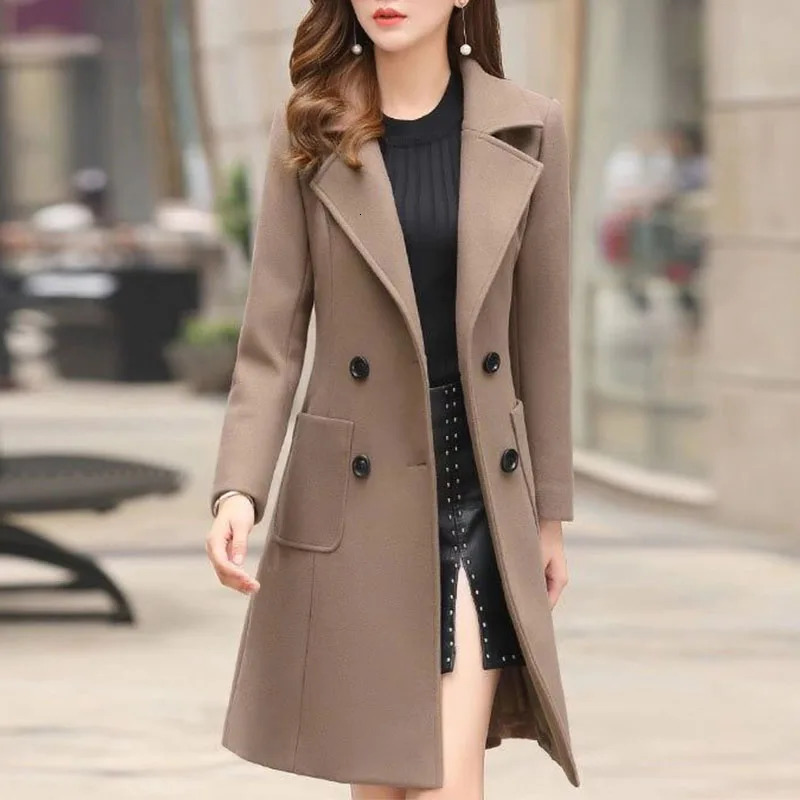 2024 Autumn Winter Women Long Woolen Coats Double Breasted Female Solid Color Slim Fit Outerwear Turndown Collar Streetwear 241129