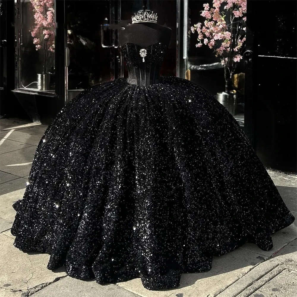 Black Sequined Sweetheart Ball Gown Quinceanera Dress For Girls Crystal Beaded Birthday Party Gowns Prom Dresses Robe De Bal 0431