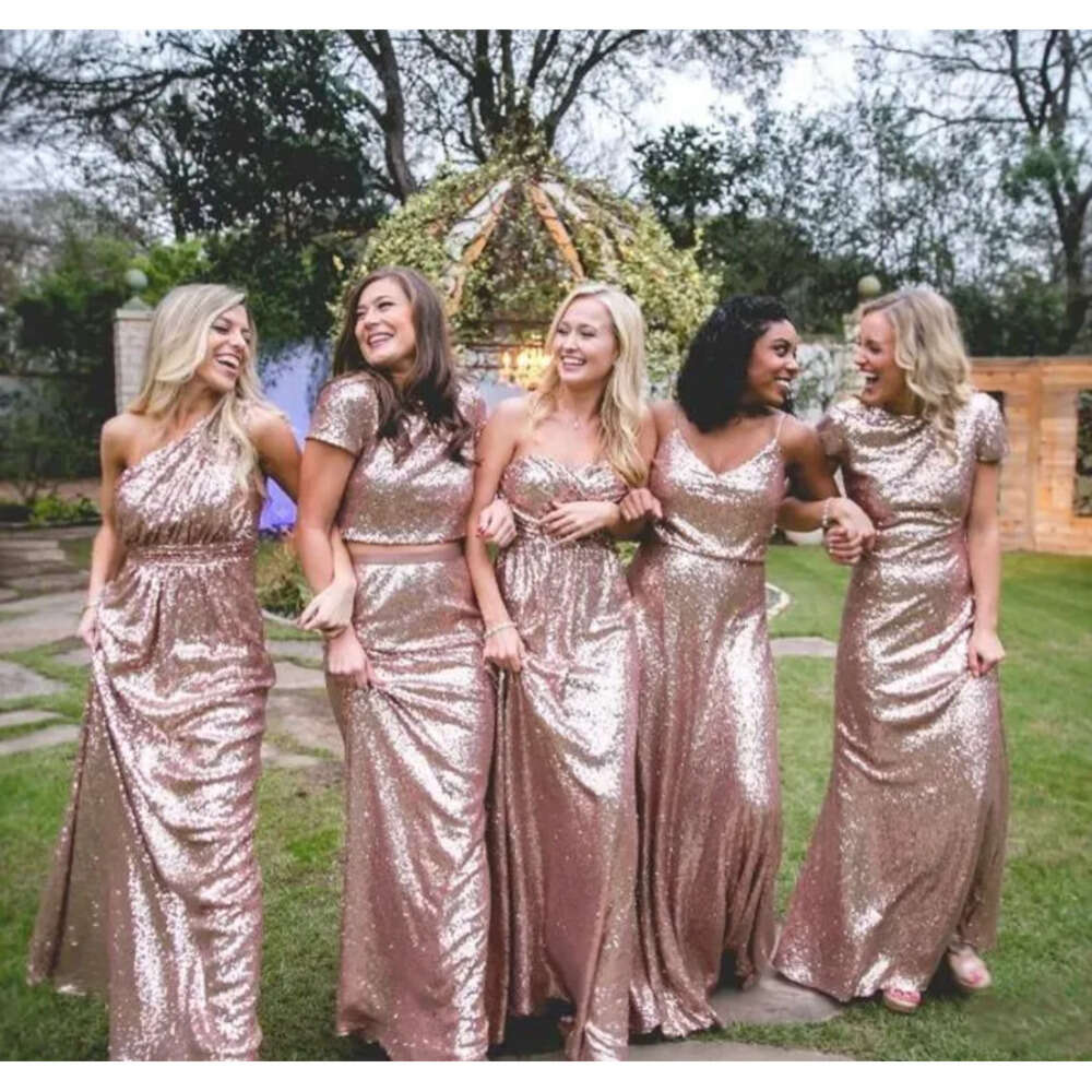 Bridesmaid Custom Sparkly Made Bling Rose Gold Sequins Mermaid Two Pieces Prom Gowns Backless Country Beach Party Dresses Bm