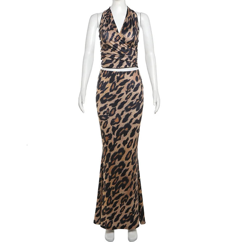Leopard Print Bodycon Women Y2K Maxi Dress Set Summer Halter Backless Wrap Crop Top Long Skirts Two Piece Matching Sets Outfits 240423