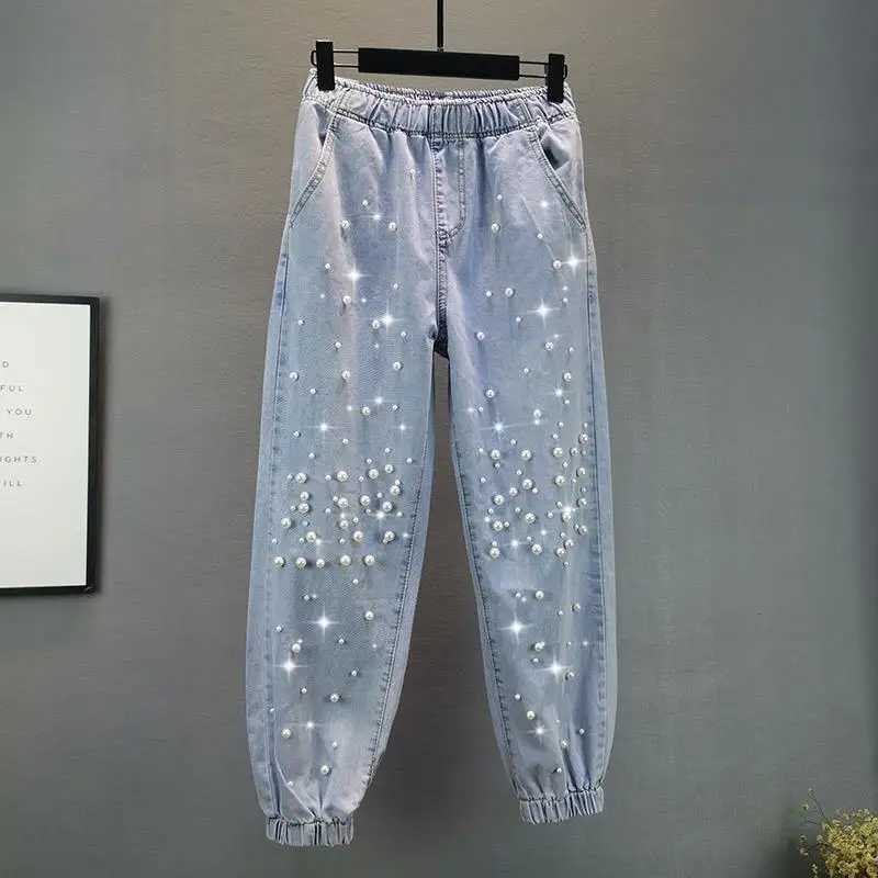 Women's Jeans Beaded denim harem pants for women in spring and summer pearl decoration elastic waist loose jeans fashion trend fully matched pant