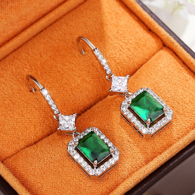 Radiant Emerald Green CZ Sterg Sier Dangle Earrings For Women 4
