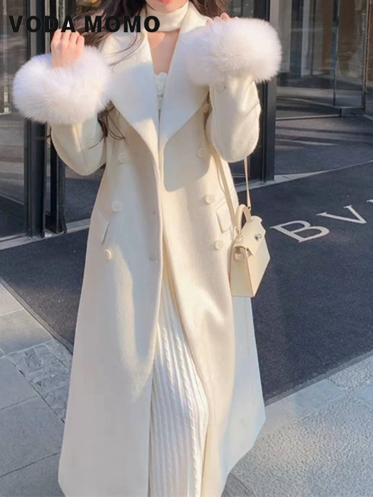 Women Winter Outerwear Clothes Warm Detachable cuff hair Wool Overcoat lady Elegant Casual Woolen Coat Retro Solid Chic 2024 241129