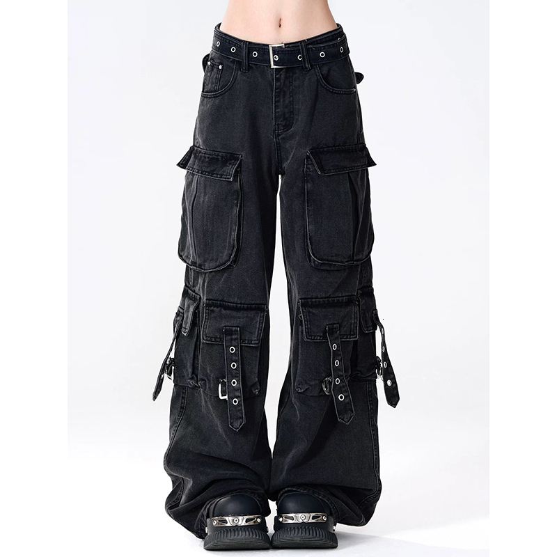 Women Y2k Japanese Streetwear Design Cargo Denim Pants Long Trousers American Vintage Gyaru 2000S Aesthetic Grunge Jeans
