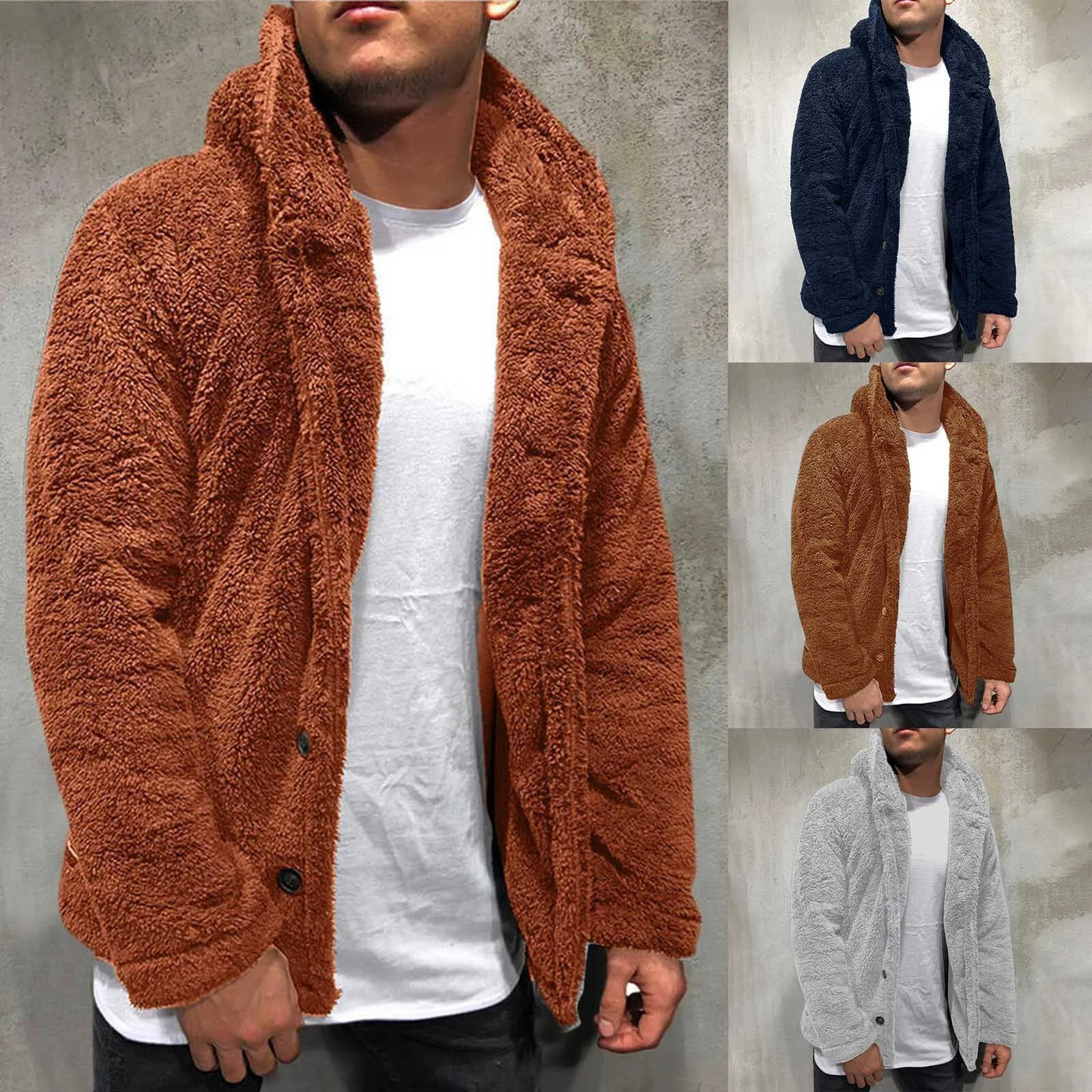 Fashion Trend Mens Wear Autumn Winter Plush Hooded Coat Solid Color Long Sleeve Singlebreasted Warm Cardigan 241120