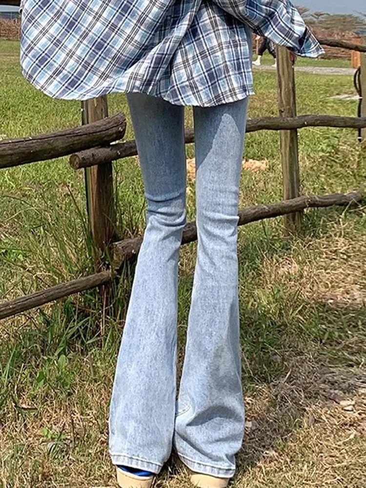 Female High Waist Vintage Bell Bottom Jeans Lady Slim Fit Denim Flare Pants Deep Blue Light Black Gray Trousers 241121