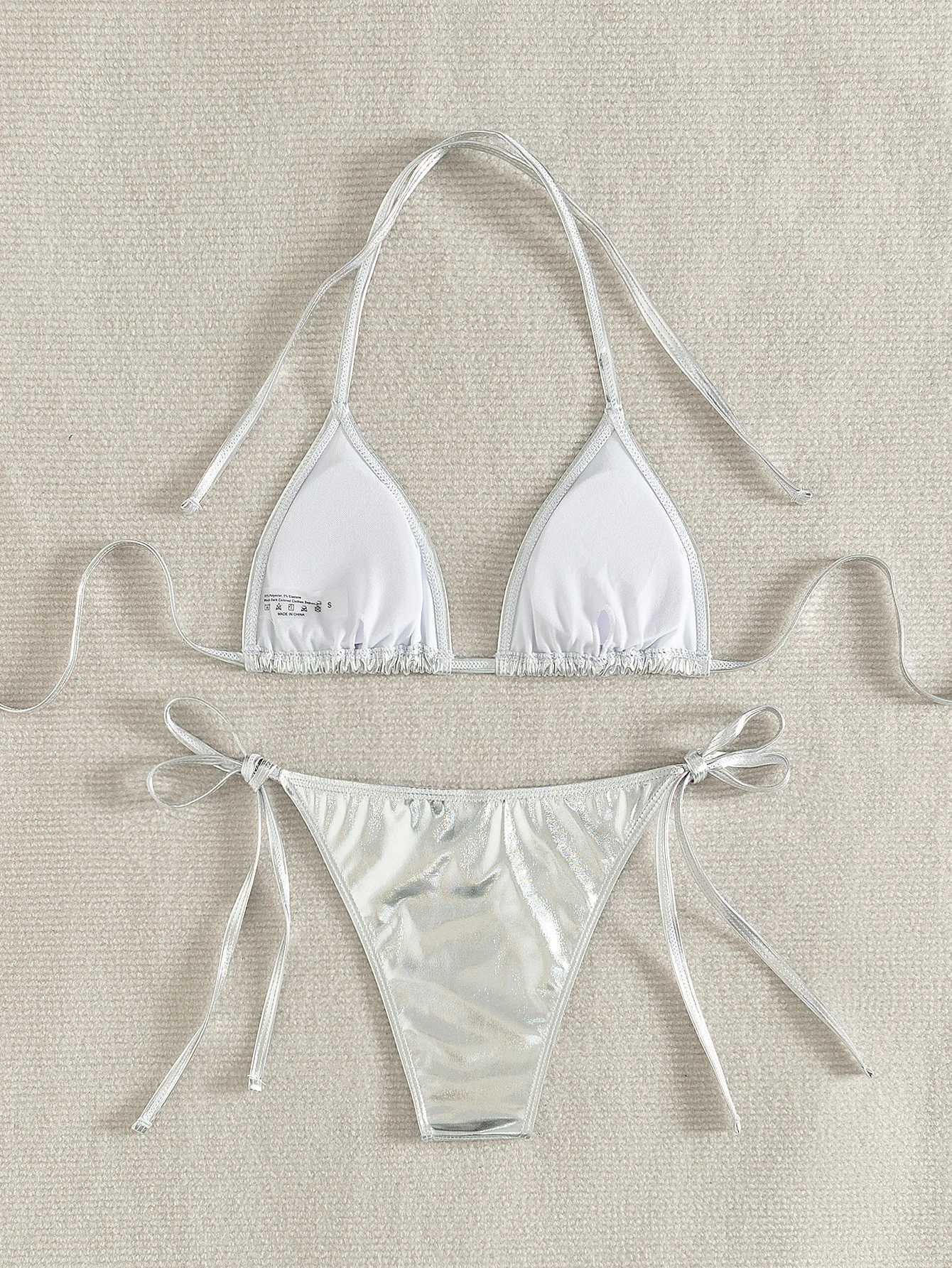 Women's Swimwear Sexy triangle push up bikini metal Brazilian swimsuit womens gold side striped bikini swimsuit H241130