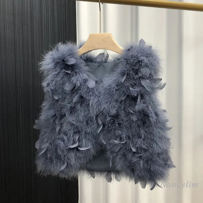 Vest For Women New V-Neck Autumn Sweet Short High Waist Real Ostrich Feather Fur Birthday Party Wear Lady Princess Vests
