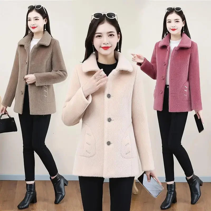 Winter Thickened Lamb Wool Jacket Womens Korean Style Slimming Leather Integrated Particle Fleece Overcoat 241121