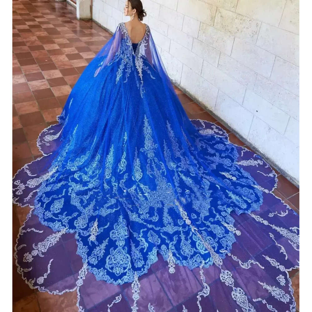 Para Debutante Vestido De Anos Royal Blue Quinceanera Dresses With Cape Lace Applique Sequin Mexican Girls XV Pageant Gowns Butante Butante