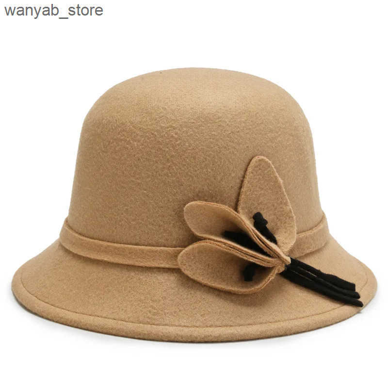 Wide Brim Hats Bucket Bowler Girl Fedora Elegant Church Cloche Autumn Winter Warm Hat Felt Cap Women Vintage Retro L240910 L0910