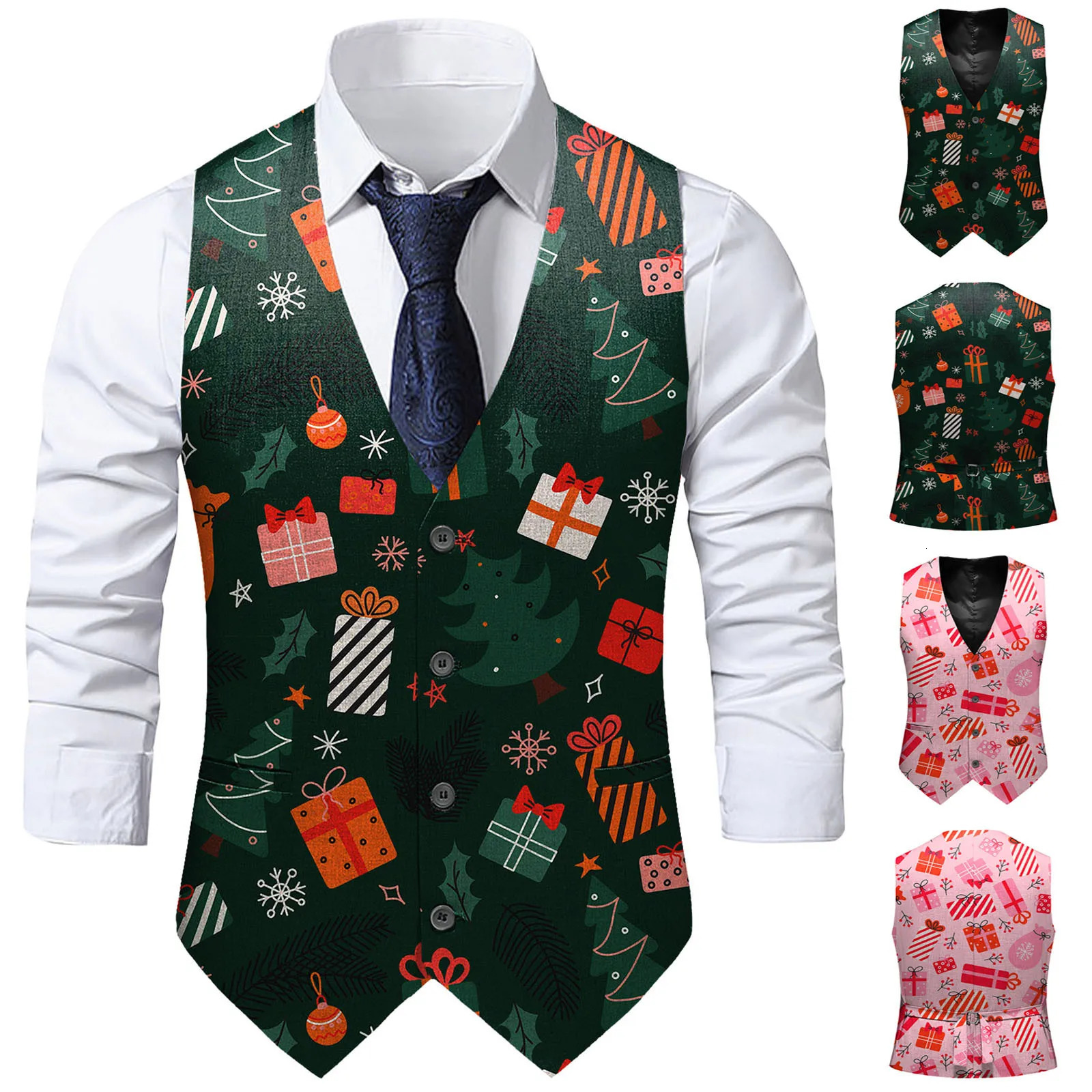 Xmas Print Christmas Green Banquet Vest Fashion Party Waistcoat For Men Single Breasted Clothing 2023 Family Costume 241129