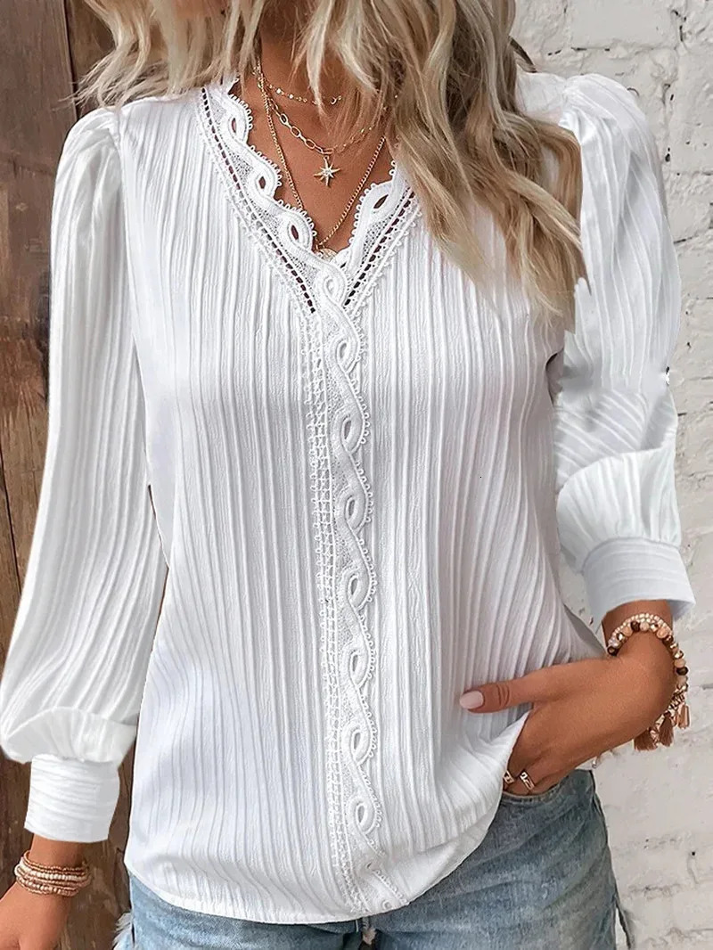 Elegant Summer Hollow Lace Patchwork Women Shirt Chic Blouse V Neck Long Sleeve Plain Casual Basic Regular Tops 241121