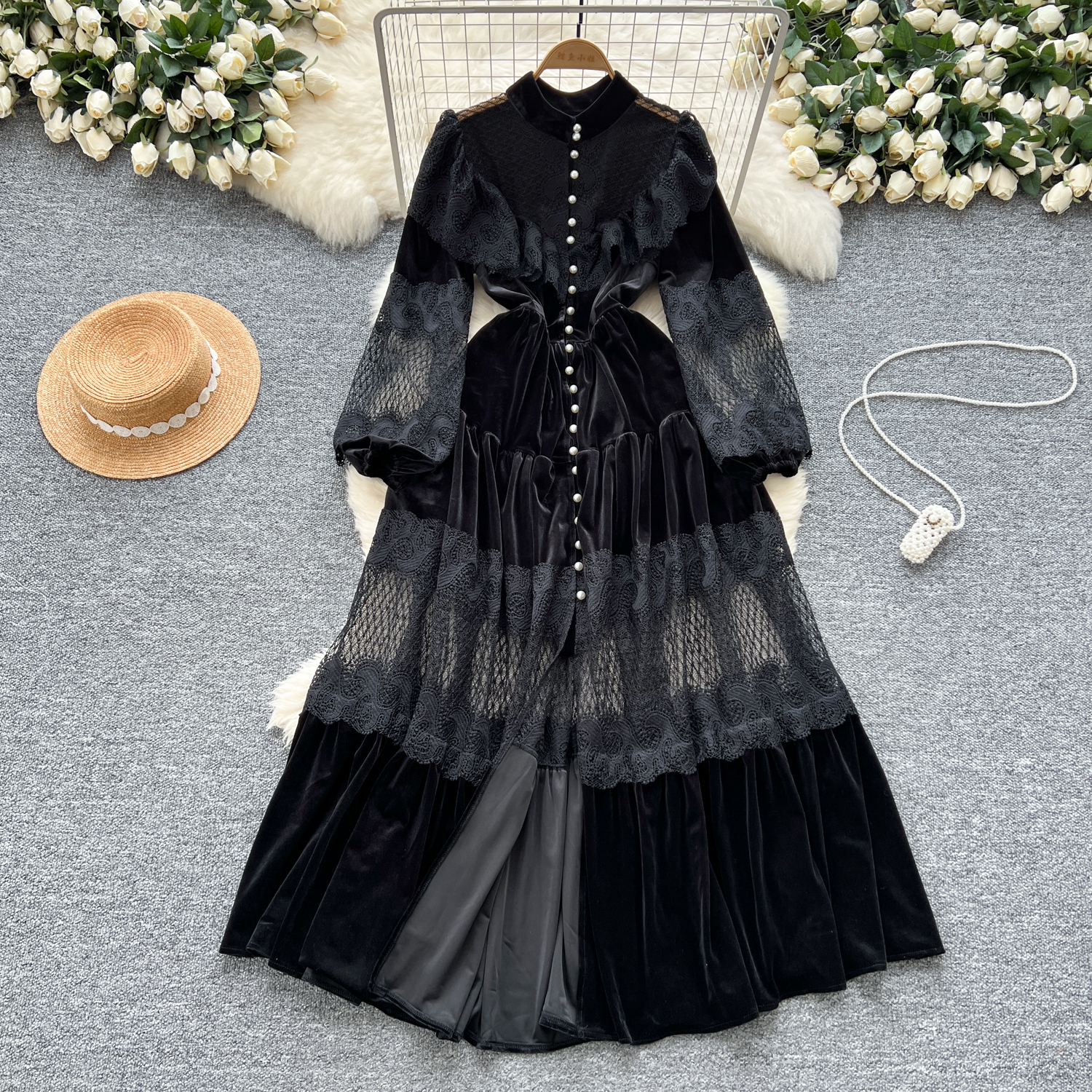 Casual Dresses French Vintage Lace Embroidery Patchwork Velvet Lantern Sleeve Maxi Dress Pearls Buttons Belt Lace Up Wedding Party Prom Vestido 2025