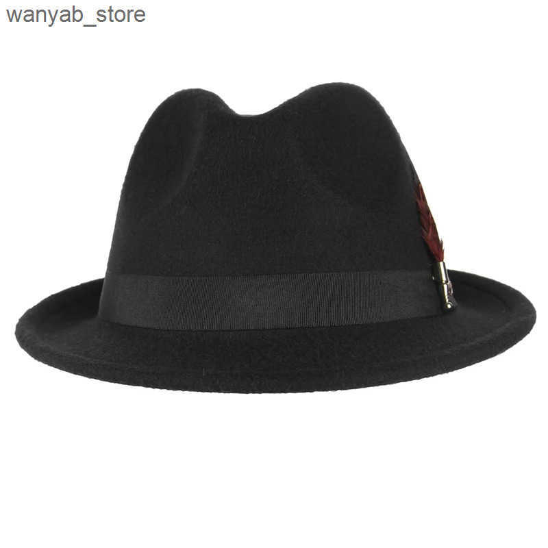Wide Brim Hats Bucket Hats Vintage Black Felt Jazz Hats for Men Women Short Brim Gentleman Soft Trilby Fedora Hat with Feather L240910