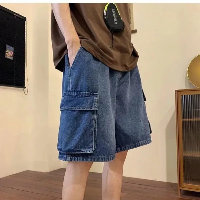 Fashion Casual Retro Blue Cargo Port Style Loose Big Pocket Denim Shorts Men Summer Thin Washed Five Point Pants 240415