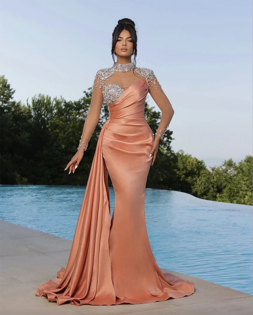 Elegant Coral Mermaid Evening Dresses Beaded High Collar Party Prom Dress Illusion Long Sleeves Pleats Long Dress for special occasion