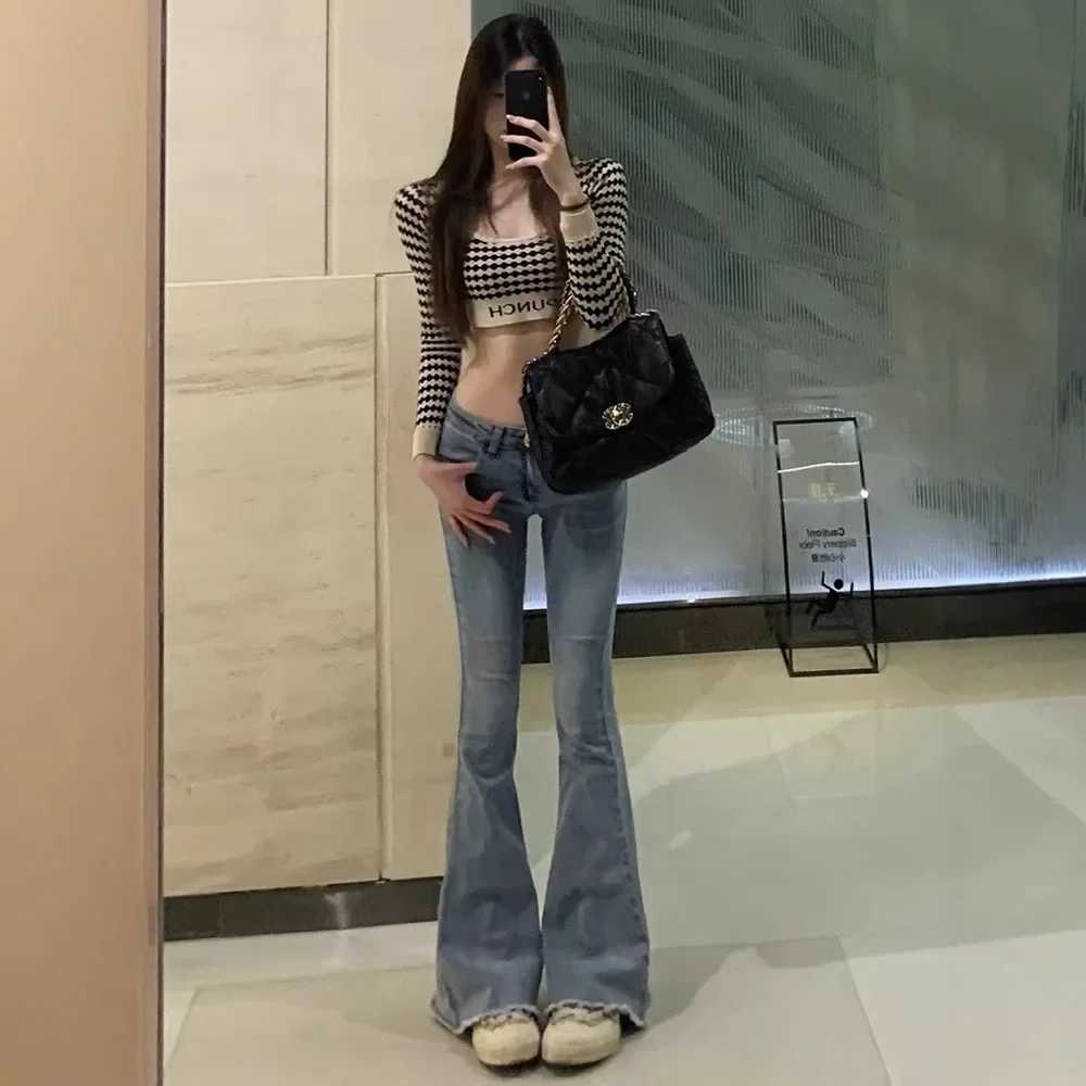 Women's Jeans American style weight loss edge jeans womens autumn retro low waist micro flame denim elastic band ultra-thin decal denim H241130