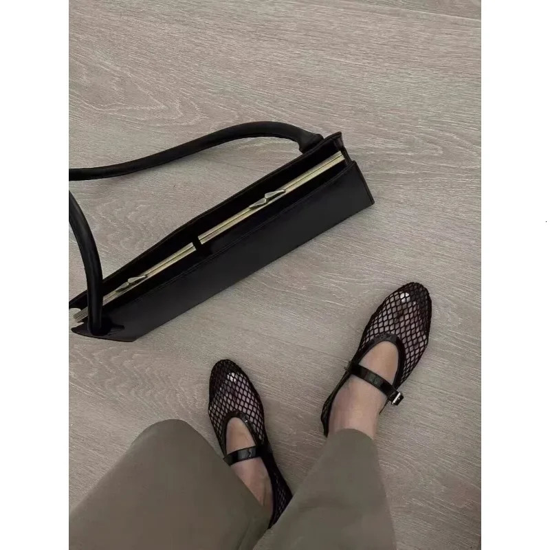 2024 Ballet Flat Shoes Woman Mesh Hollow Outs Mary Jane Flats Black Loafers Summer Walking Footwear Size 42 241126