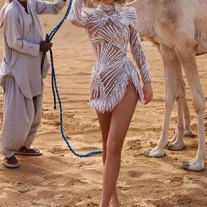 Sprin/Summer European and American Women's Short Skirts, Lon Sleeves, Hih Collars, Sprinkle Gold tassel Split Dresses, 2024 New Casual Fashion Tr