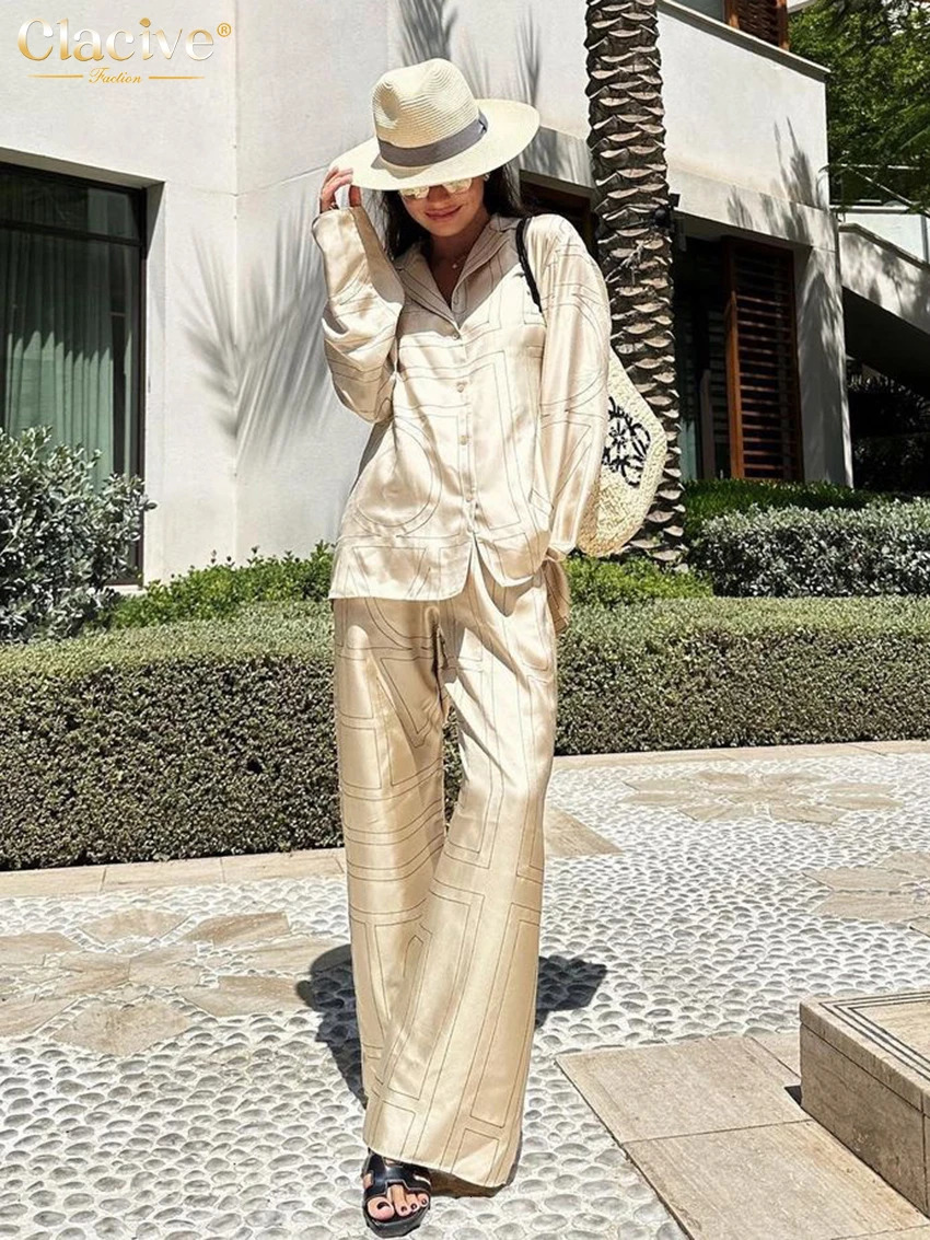 Clacive Fashion Long Sleeve Blouse 2 Piece Set Outfit Elegant Loose Print Pants Casual High Waist Wide Trousers Suits 241129