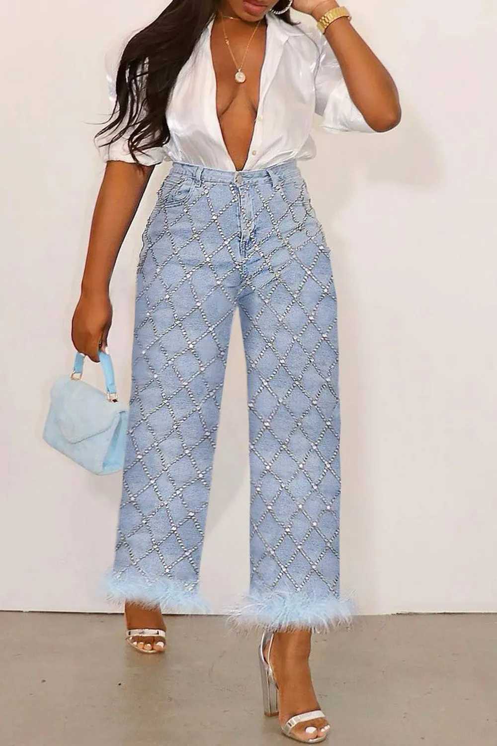 Women's Jeans Fashion womens denim pants plus size daily jeans light blue denim high waist diamond straight leg feather jeans ankle pants H241130