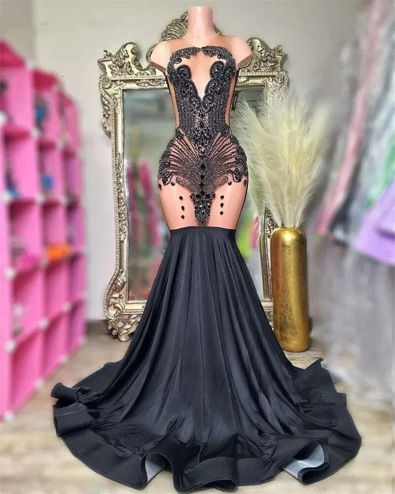New Arrival Beads Prom Illusion Glitter Bead Crystal Rhinestones Gown For Black Girls Birthday Party Dress 0431