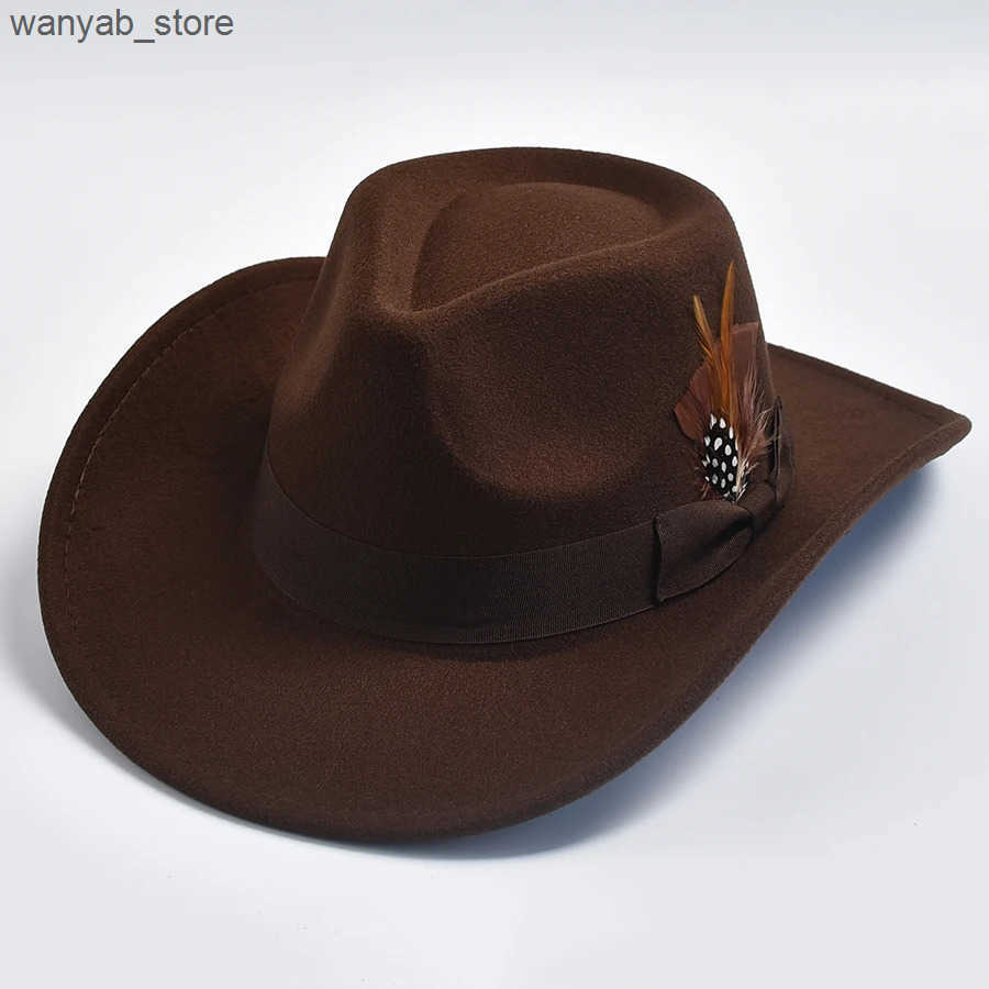 Wide Brim Hats Bucket Hats Fashion Men Woolen Blend Fedoras Hat with Feather Curved Brim Gentleman Cowboy Hats L240910