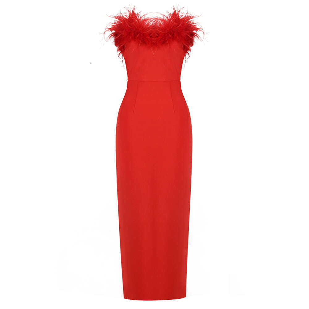 European American strapless dress with feathers, fashionable elegant, tight fitting, hip hing, sleeveless party dress, 2024 New casual and versatile f
