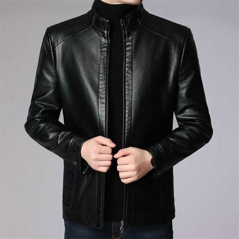 Men Jacket Faux Leather Solid Color Stand Collar Coat Smooth Zipper Neck Protection Windproof Outerwear For Autumn Winter 241120