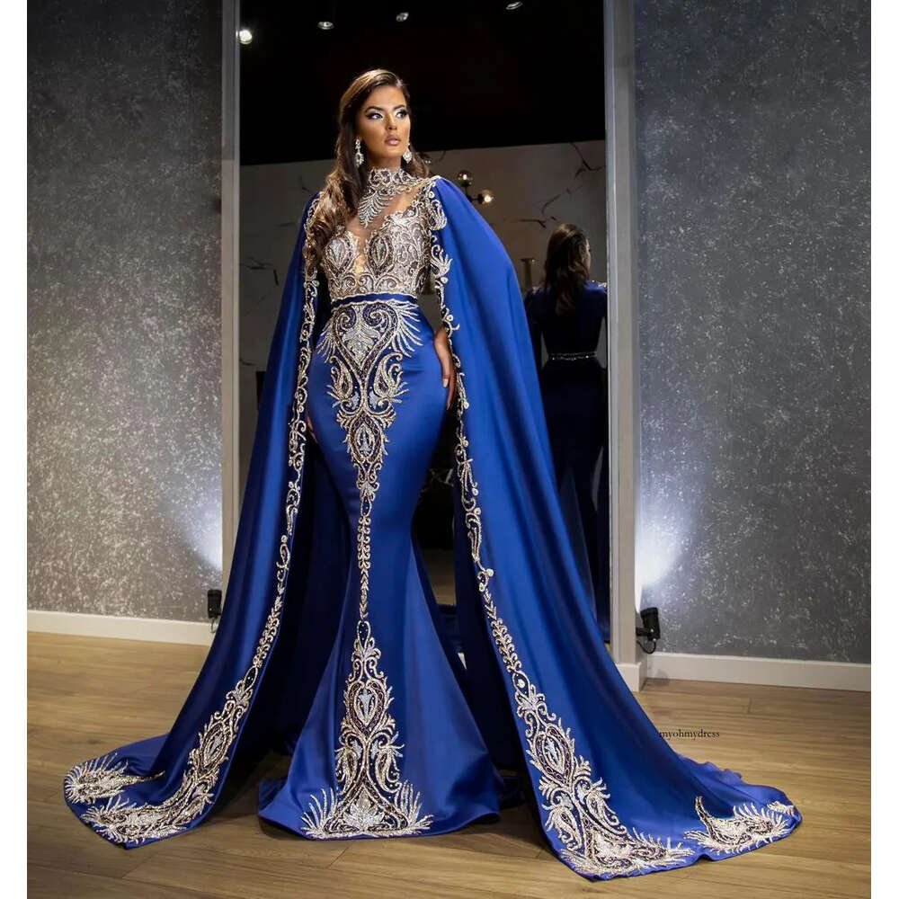 Exquisite Mermaid Prom Dresses Royal Blue Crystals Beading High Neck Evening Dress Custom Made With Wrap Long Train Party Gown For Arabic Women 0431
