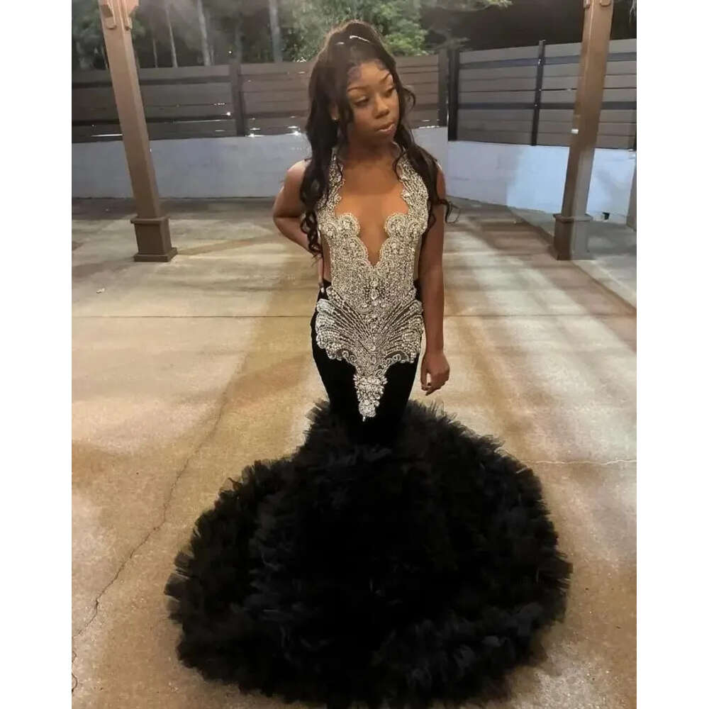 Sparkly Long Mermaid Evening Ceremony Dresses For Black Girl 2024 Diamond Crystal Ruffles Prom Birthday Dress See Through 0431