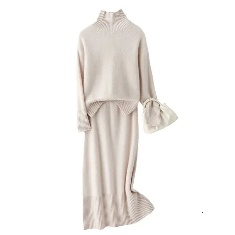 Womens High Collar Sweater Set 2024 AutumnWinter Style Solid Color Simple Leisure Head Base Knitted Dress 241129