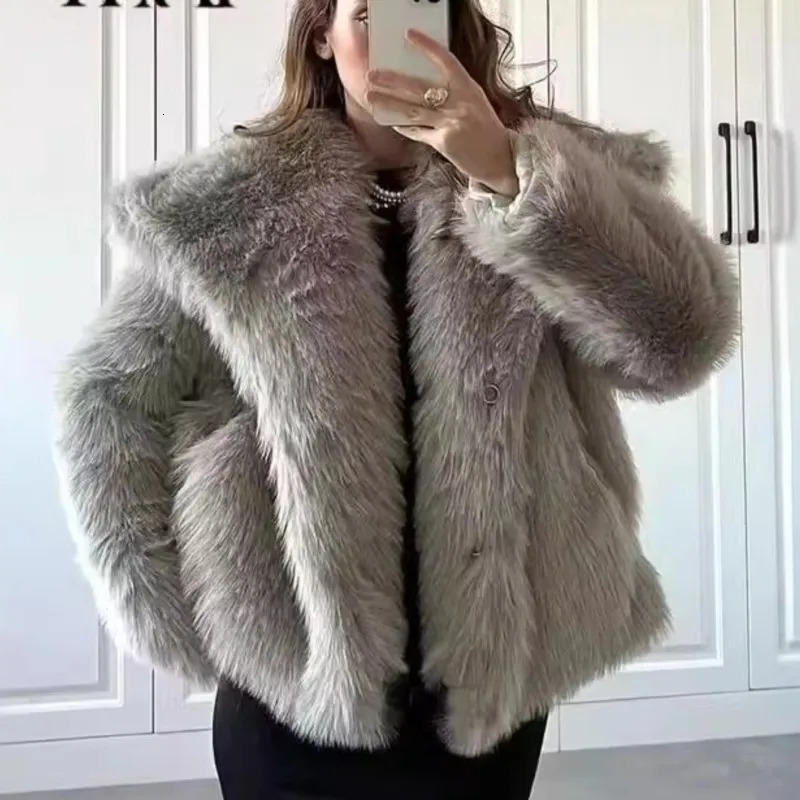 Womens 2024 Winter Fashion Fluffy Fur Coat High Street Large Collar 241121Z