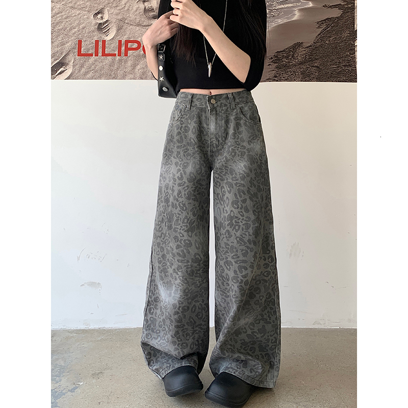 Vintage 90S Leopard Print Pantalon Femme Wide Leg Pants Women High Waist Straight Y2k Jeans Casual Fashion Korean Jean Trousers