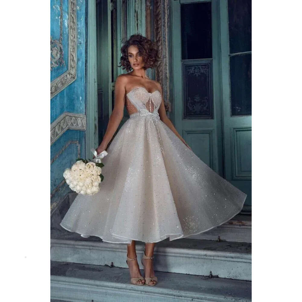 Tea Dresses Length Lace Romantic Summer Sparkling Sweetheart Tulle Beaded Bow Tie Beach Garden Wedding Dress Pregnant Bridal Gowns Bc