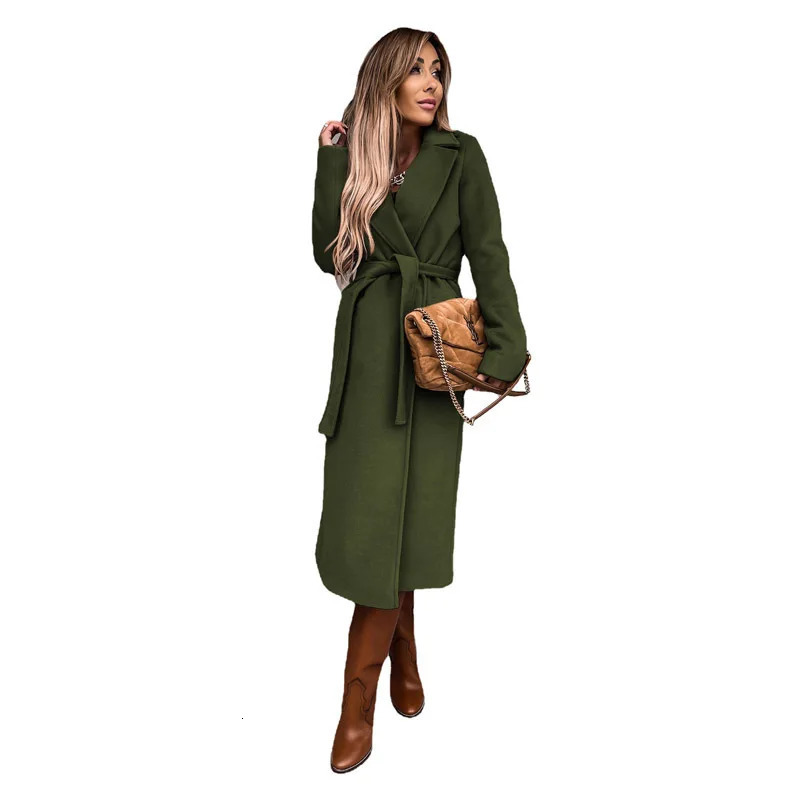 Cross Border Womens Solid Collar Long Sleeve Woolen Coat Simple Strap Windbreaker 241129