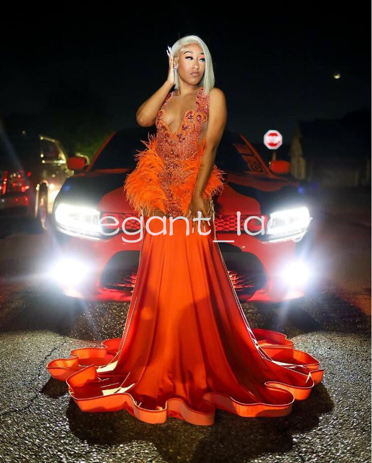 Orange Sparkly Long Rvening Birthday Gala Dresses for Black Hirl Luxury Diamond Velvet Feather Prom Cermeony Party Dress