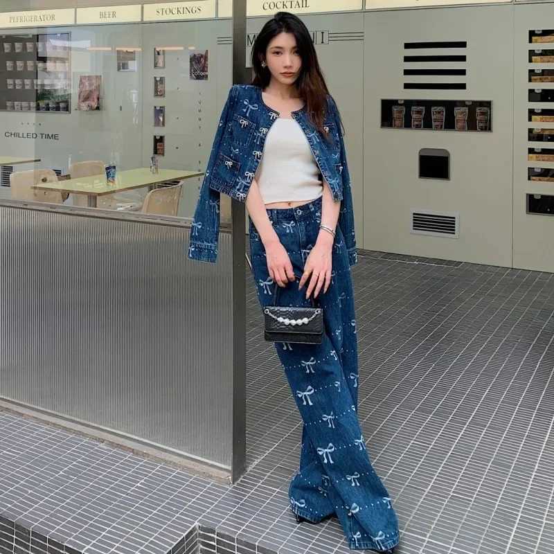 Women's Jeans Womens 2024 new bow decoration print wide leg fashionable denim Trouser H241130