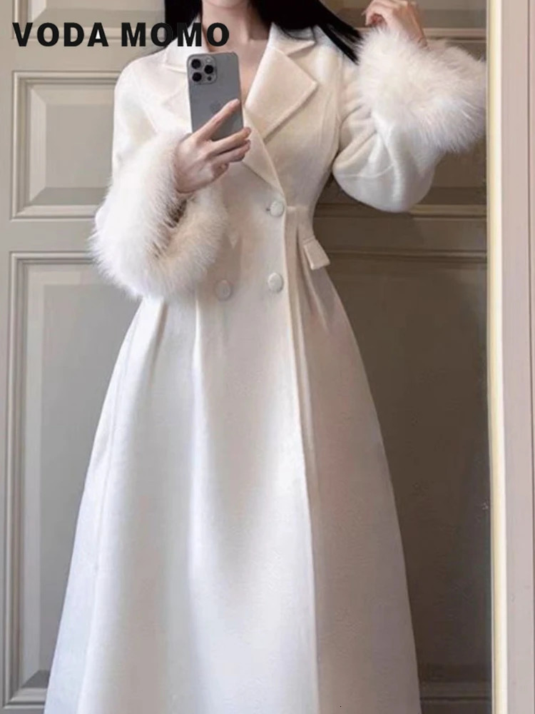 Women Winter Outerwear Clothes Warm Detachable cuff hair Wool Overcoat lady Elegant Casual Woolen Coat Retro Solid Chic 2024 241129