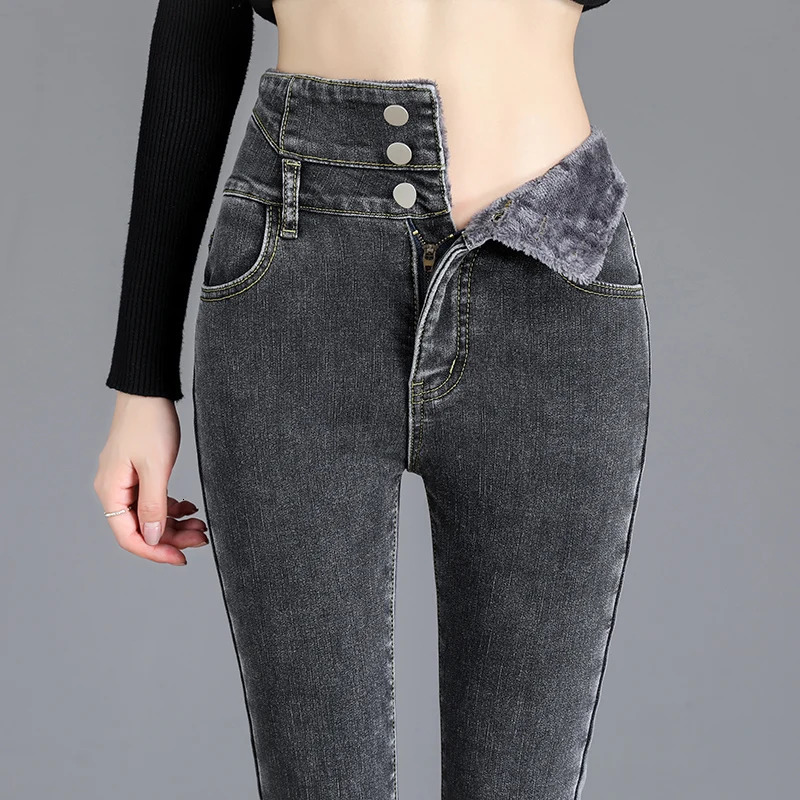Womens high waisted wool jeans winter item velvet ultra-thin elastic small foot plush pencil denim jeans 241122