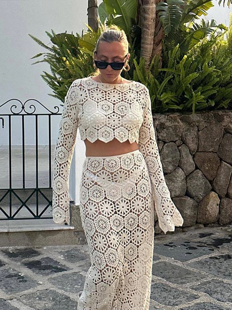 Knit Skirts Suit Sexy Slim Hollow Out See Through Sets Female 2024 Summer High Waist Vacation Beach Set 2 Pieces Lady 241129