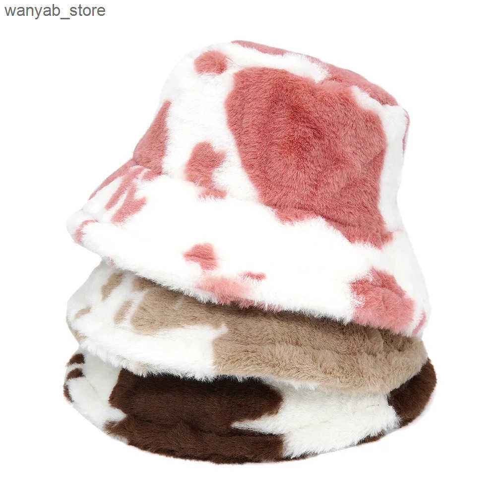 Wide Brim Hats Bucket 2024 Winter New Fluffy Hat Mens Fashion Warm Unisex Fisherman Womens Leisure Print Basin Cap L240910